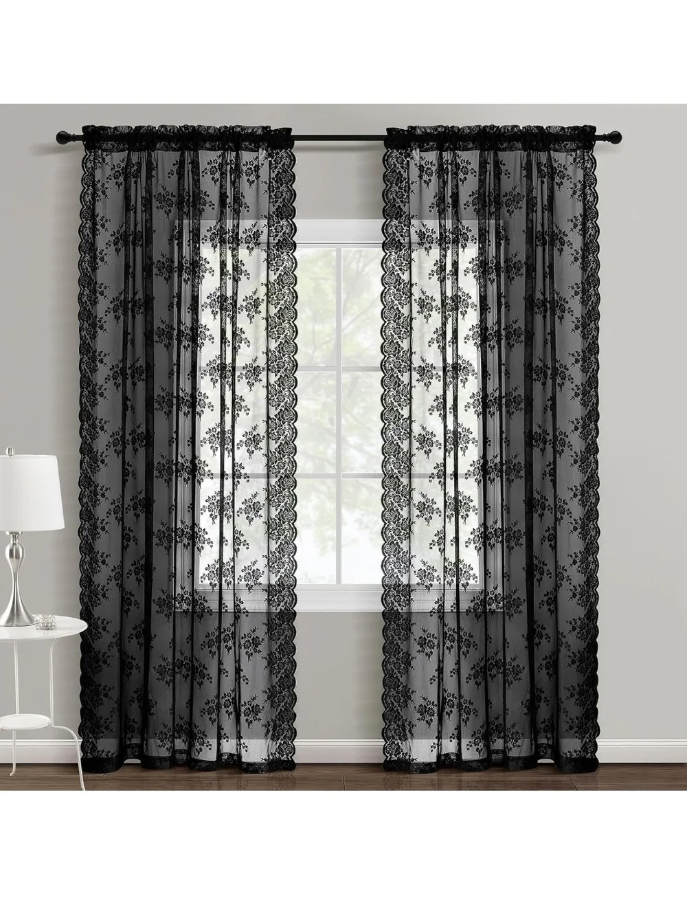 Black Lace Sheer Curtain Panels - Elegant Window Drapery